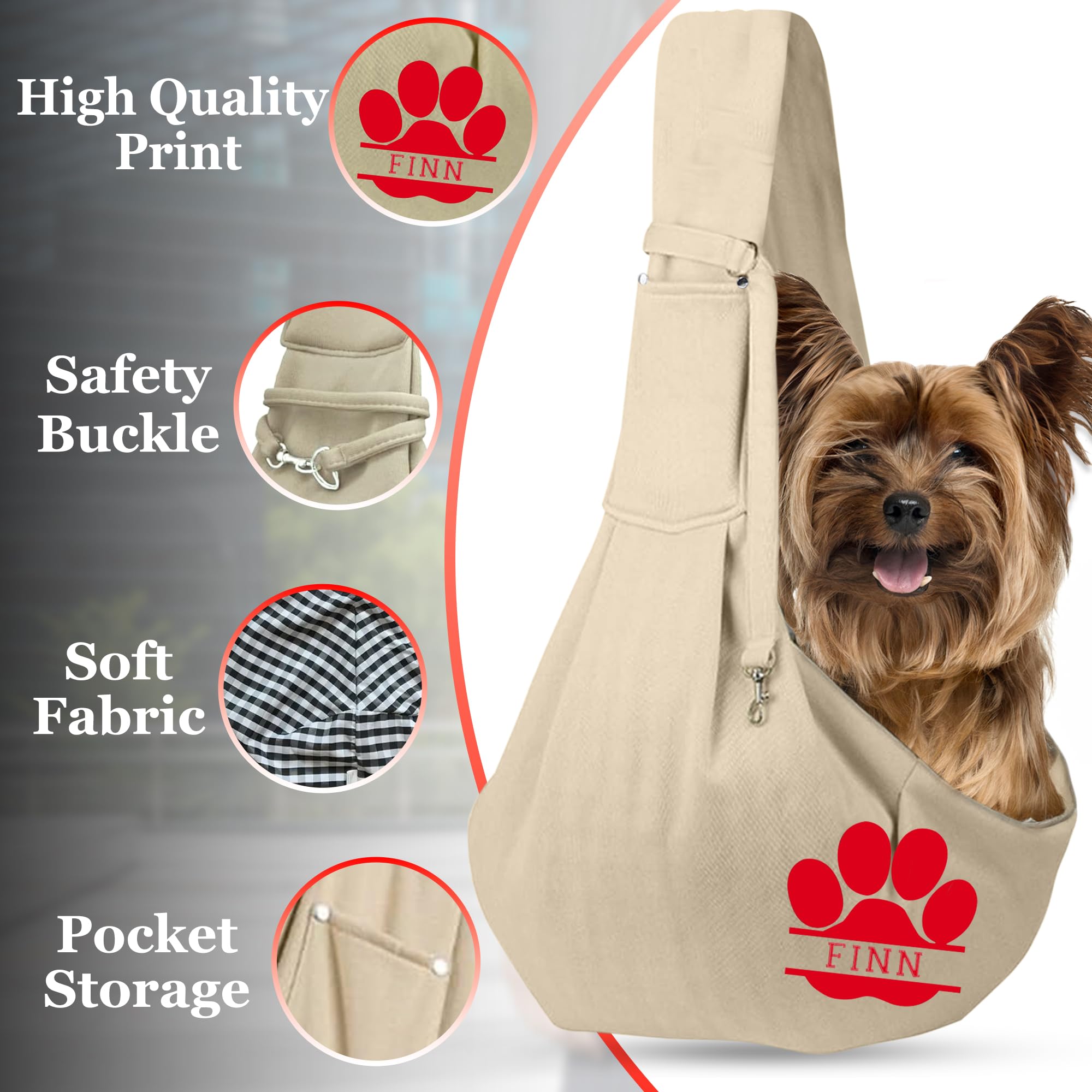 Personalized Dog Sling Carrier for Small Dogs with Name - Customized Pet Sling Carrier – Custom Hands Free Doogie Sling Chest Wrap - Custom Soft Pouch and Tote Bag for Dogs & Cats - Beige, Gray