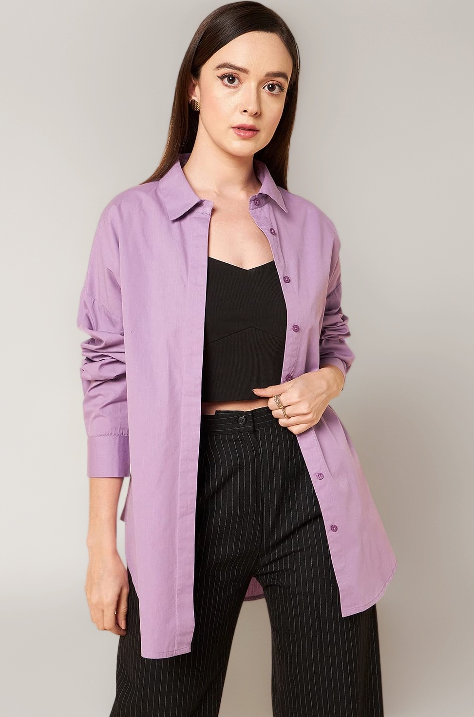 HIGH STAR Women Oversized Spread Collar Classic Opaque Casual Shirt