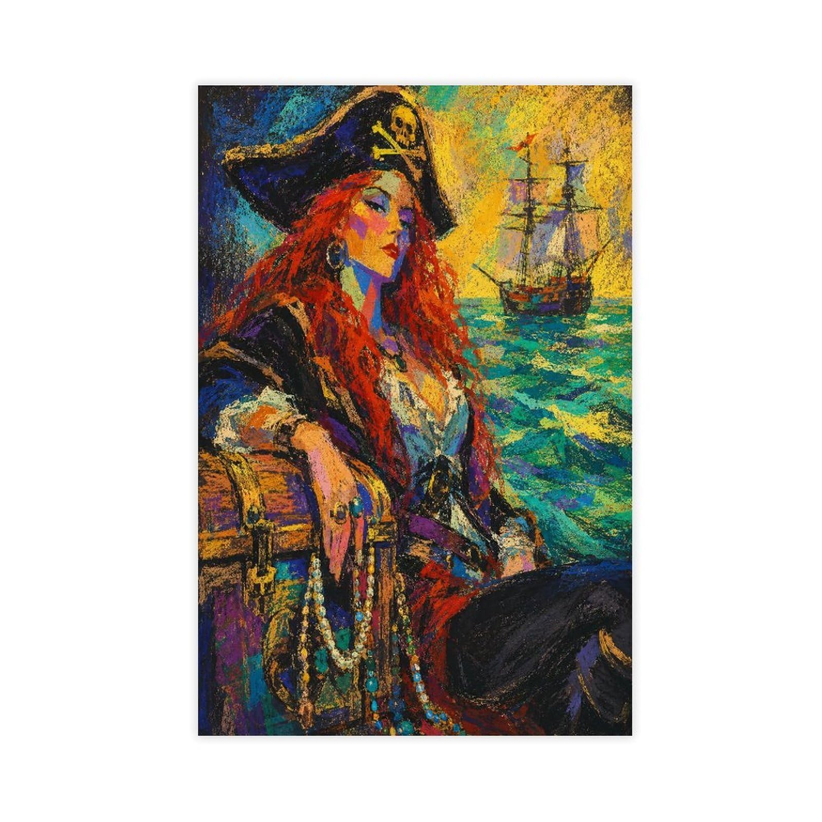 W7c8u2x3 Unframe-Style-20 Pirate Woman By Ship Canvas Wall Art, Ocean Sunset Dorm Decor