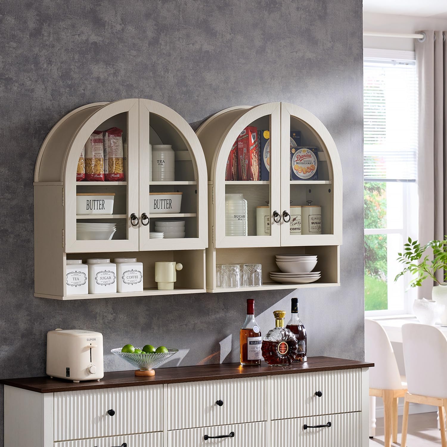 Bathroom Arched Wall Cabinet, 23.6'' Wide Medicine Cabinet with Adjustable Shelves & Acrylic Glass Doors, Over The Toilet Storage Wall Mount Cabinet for Laundry Room,Kitchen & Living Room, Cream