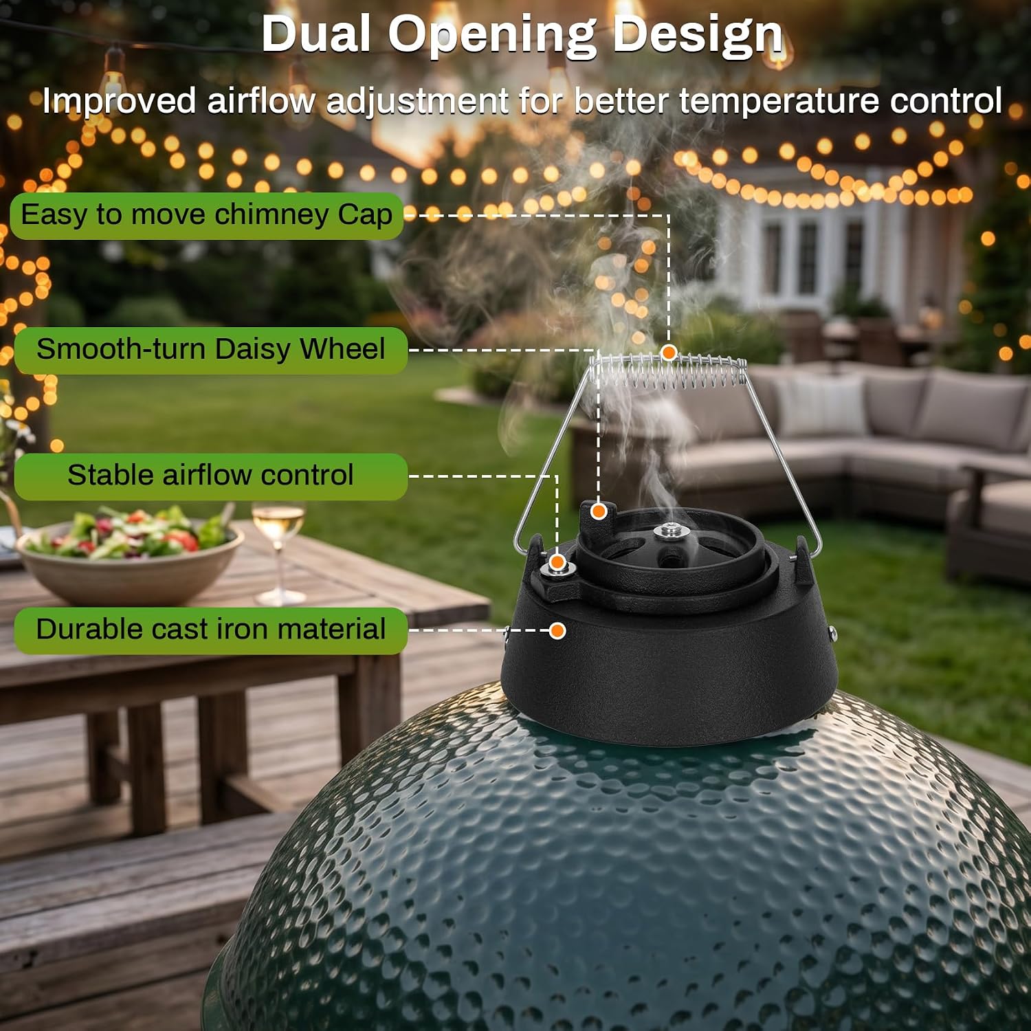 Cast Iron Chimney Cap Daisy Wheel Compatible with Large & Medium Big Green Egg, Must-Have Kamado Green Egg Accessories Replacement with Slide Draft Top, Vented Grill Replacement Parts