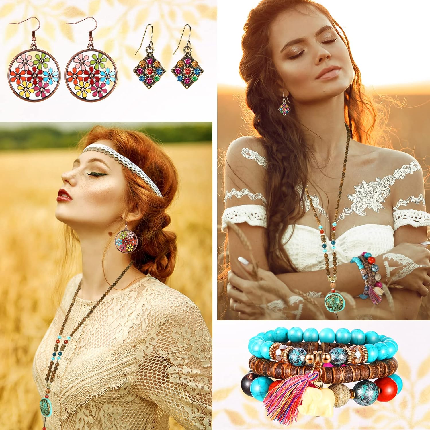 Kigeli Bohemian Retro Dangle Jewelry Set Boho Retro Rhinestone Drop Earrings Multi-layer Beaded Leather Bracelet and Turquoise Bead Necklace Jewelry for Women(Elephant) - Image 2