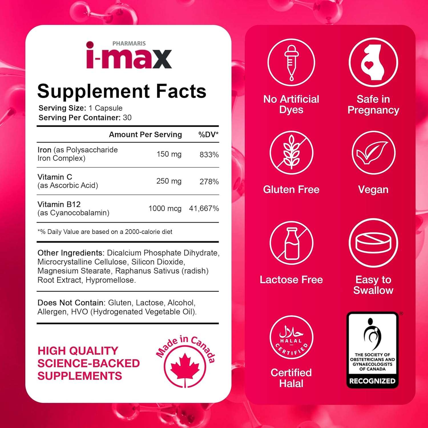 i-max Iron Supplement 150 mg, Vitamin C 250 mg & B12 1000 mcg, Iron Supplement Treatment for Women & Men, Once Daily, 30 Capsules - Image 8