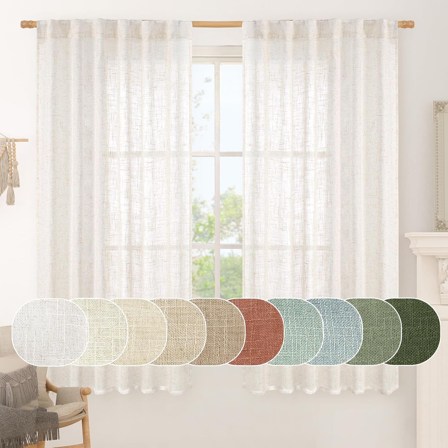 LAMIT Ivory White Linen Curtains 63 Inch for Bedroom, Light Filtering Neutral Semi Sheer Window Boho Curtains Back Tab and Rod Pocket Panels for Living Room, 2 Panels, 52 x 63 Inch 52"W x 63"L (Pack of 2) Ivory White