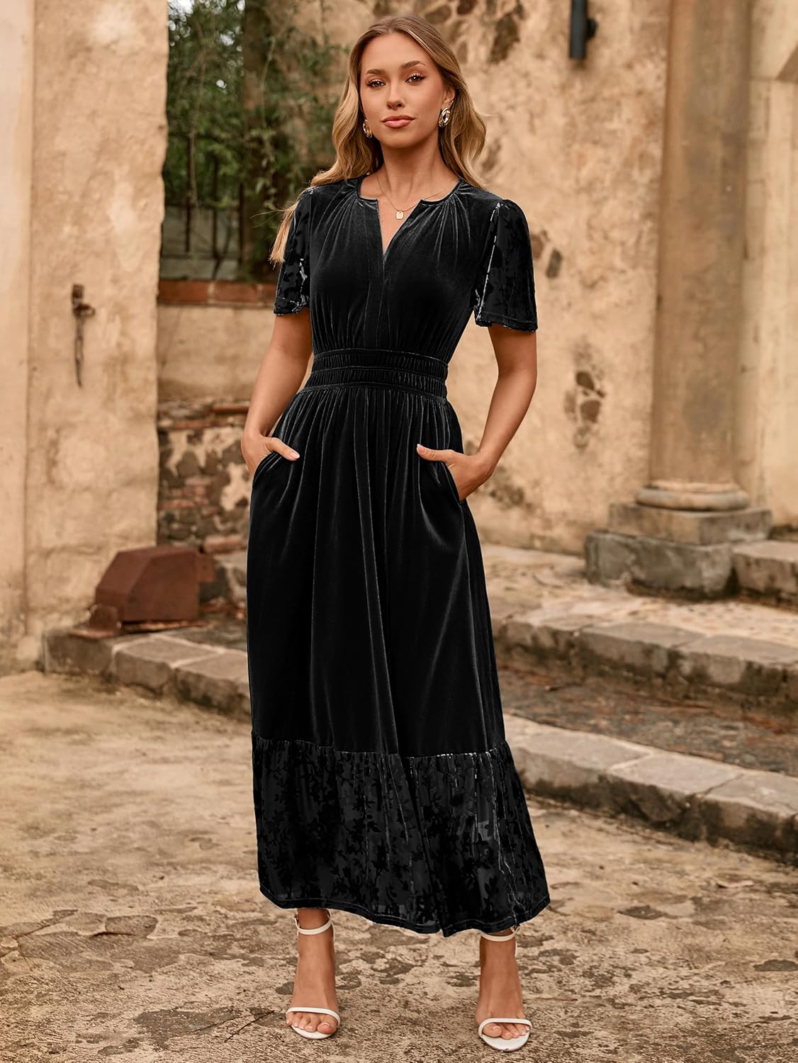 Simplee Women's Formal Velvet Maxi Dress Fall Winter V Neck Floral Short Sleeve Empire Waist Wedding Guest Dresses - Image 5