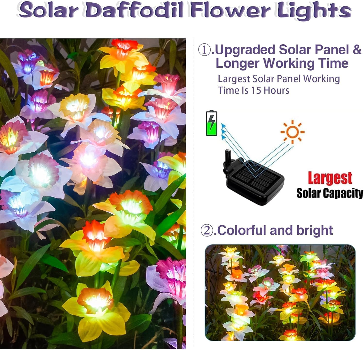 Solar Garden Lights 4 Pack, Color Changing Solar Daffodil Flower Lights, Upgrade Solar Panel, Outdoor Lights for Garden Decoration,Yard Decor and Gift for Mother