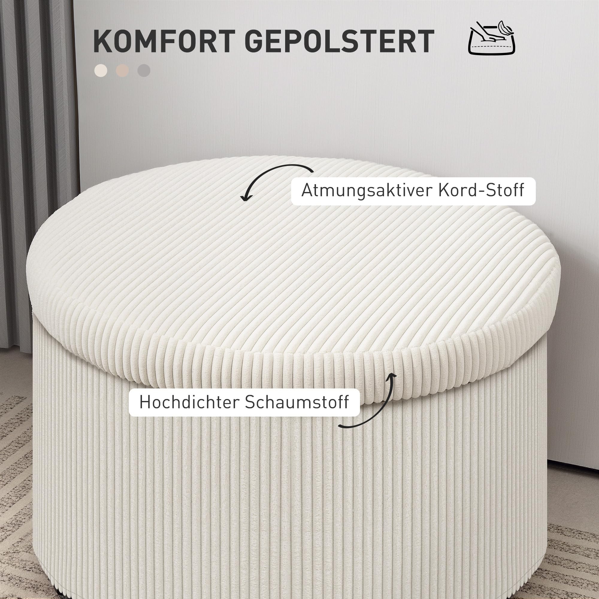 HOMCOM Sitzhocker mit Stauraum mit Deckel 60 x 60 x 41 cm Beige Cord