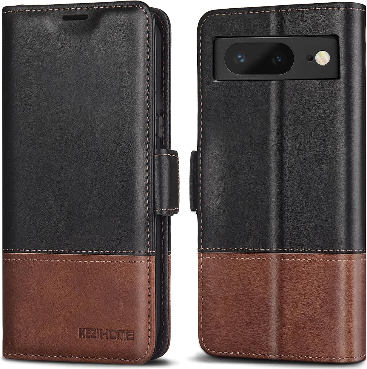 KEZiHOME Case for Google Pixel 8, Genuine Leather [RFID Blocking] Wallet Case with Card Holder Kickstand Flip Heavy Duty Protective Phone Cover for Google Pixel 8 5G(Black/Brown)