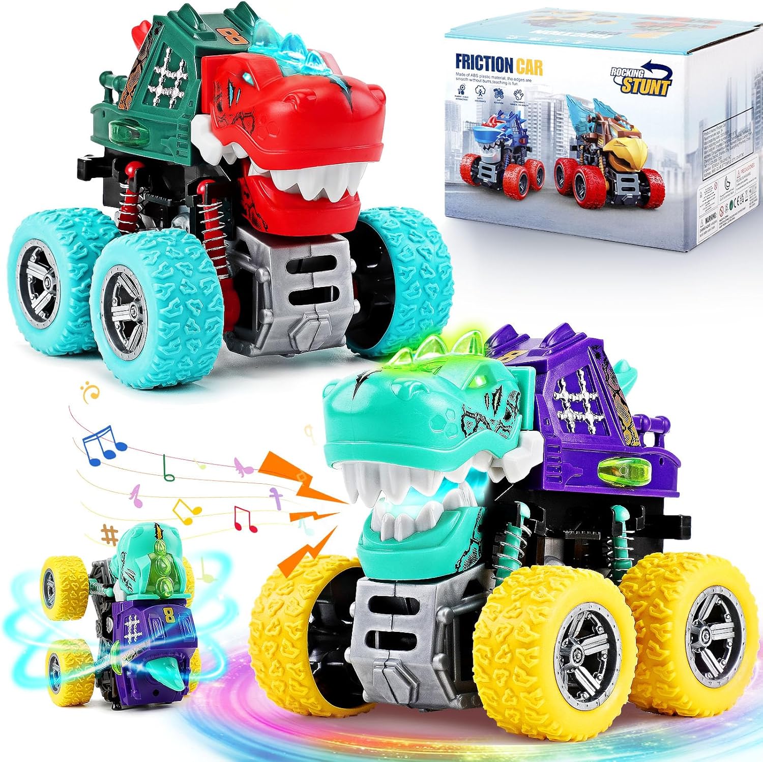 Dinosaur Toys for Kids 3-5, 2 Monster Truck Toys for Ages 3-4, Light-Up Sounds Toddler Boy Toy,360° Rotating Push and Go Cars Kid BabyToy for 3 4 5 Year Old Boys Girls Christmas Birthday Gift