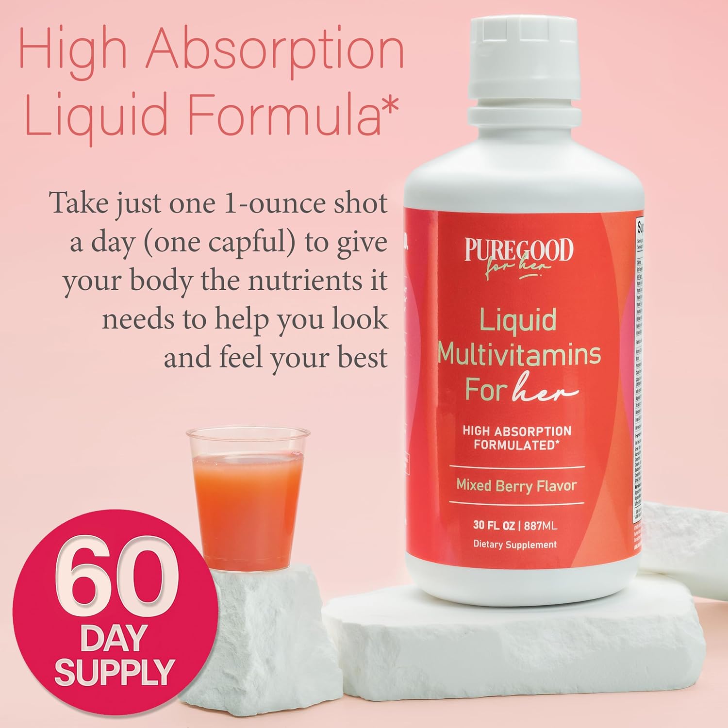 PureGood Liquid Multivitamin for Women | 70+ Nutrients, High Absorption | B12, Folate, Biotin, Omega 3 6 7 9 | Energy, Mood and Immune Support | Vegan, Non-GMO, Sugar Free | Mixed Berry | 60 Fl Oz