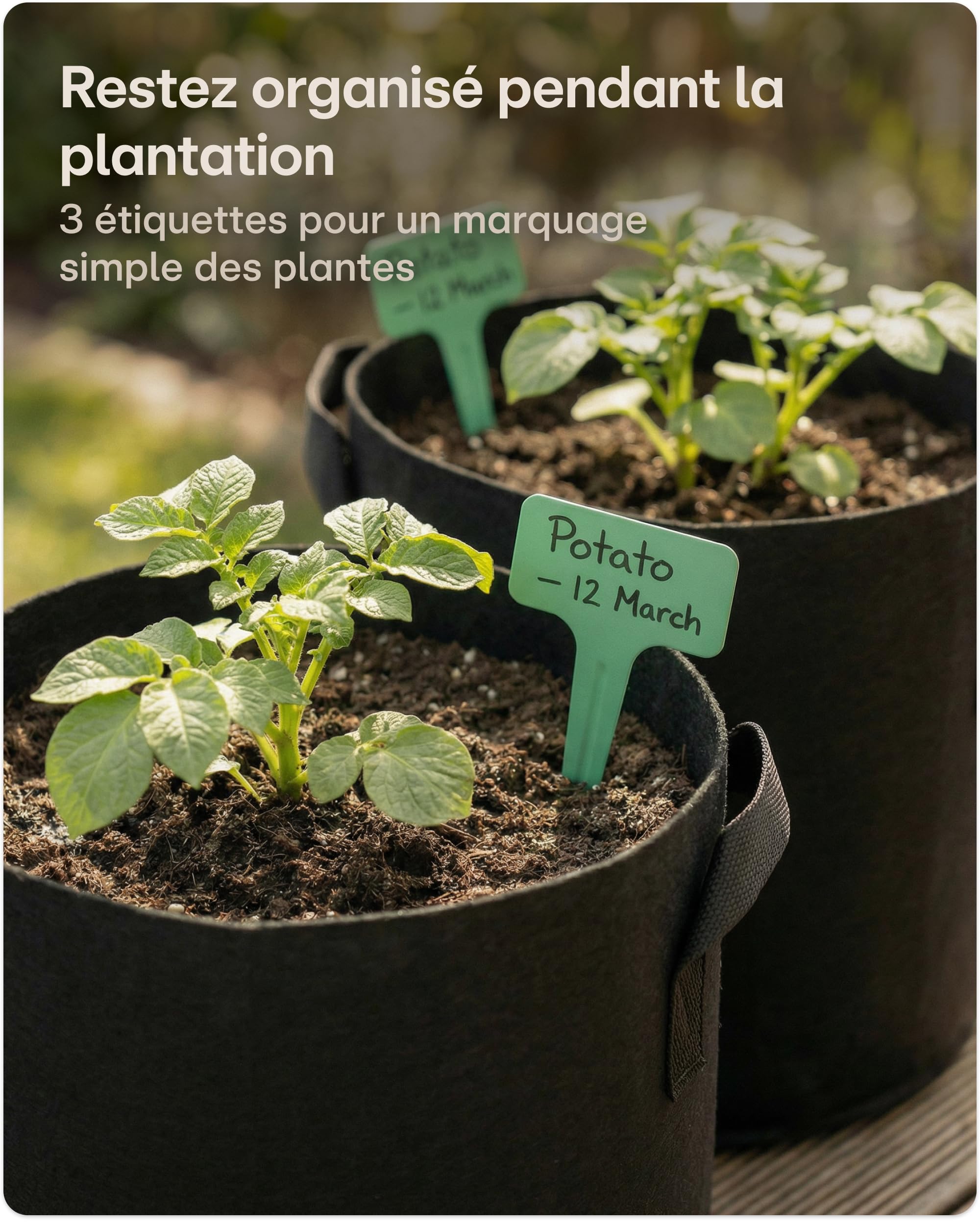 Praknu Sac de Plantation de Pommes de Terre - 3 Sacs à Plantes Grand 40L - avec Fenêtre et Étiquettes - Perméables - Lavables et Pliables