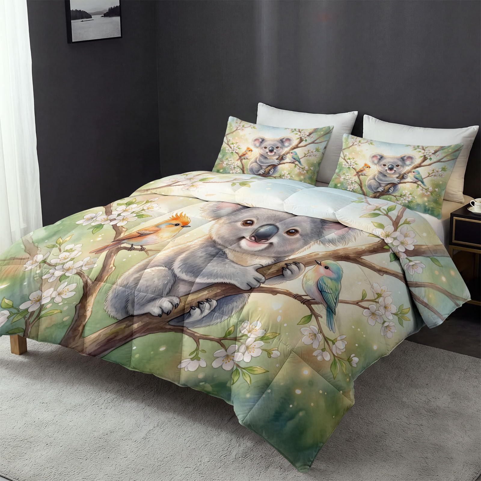 Piumino senza rivestimento, 200 x 220 cm, trapunta invernale traspirante per cameretta dei bambini, motivo: animali e uccelli, con cartoni animati, coala e uccellino, in morbida microfibra, calda
