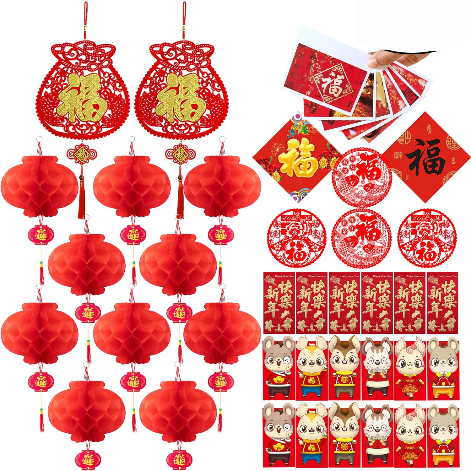 Chinese New Year Decorations – Blessing Pendant, Paper Lantern, Rat Year Red Envelope, New Year Greeting Card, Window Flower, Blessing Sticker-Year of The Rat Party Decor Set [42 Pcs]