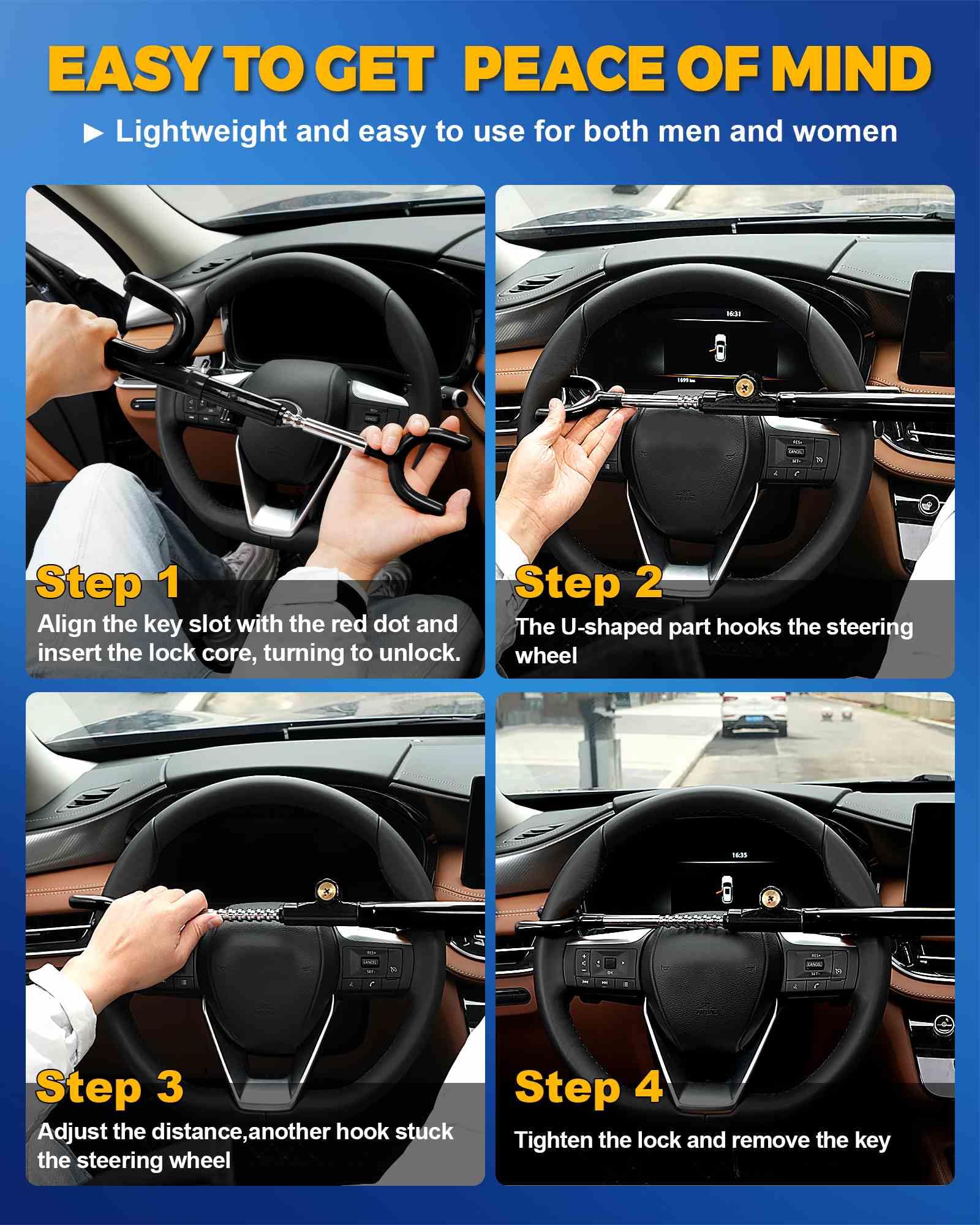 Tevlaphee Steering Wheel Lock Anti-Theft Device Security Car Lock Anti Theft Car Device Visible Antitheft Locking Devices Adjustable Car Wheel Lock for Cars with 3 Keys (Black)