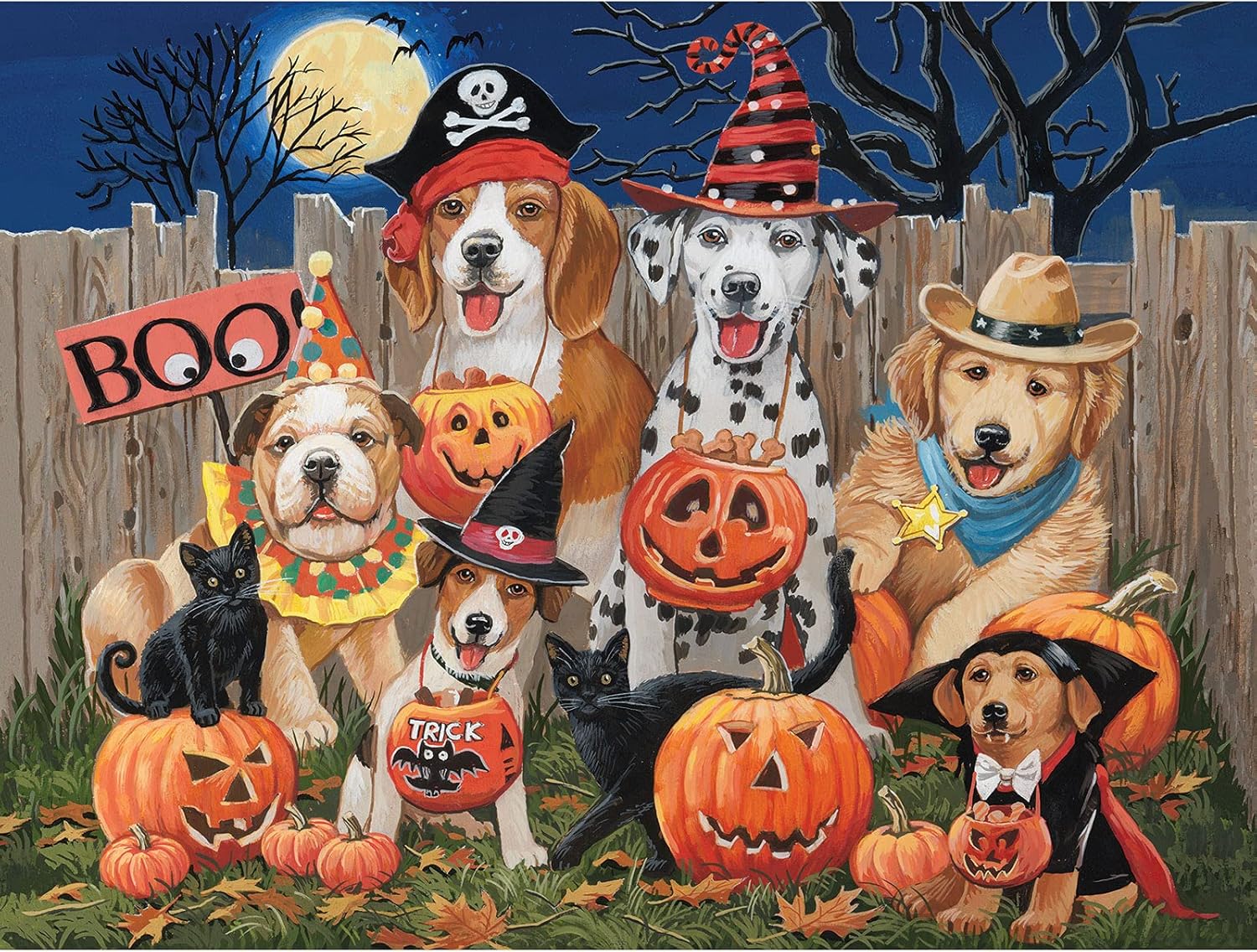 Bits and Pieces Jigsaw Puzzle for Adults – Halloween Tricksters by William Vanderdasson – Fall Night Holiday Puzzle with Dogs, Cats, Pumpkins, Moon – 18" x 24" (300 Piece Puzzle)