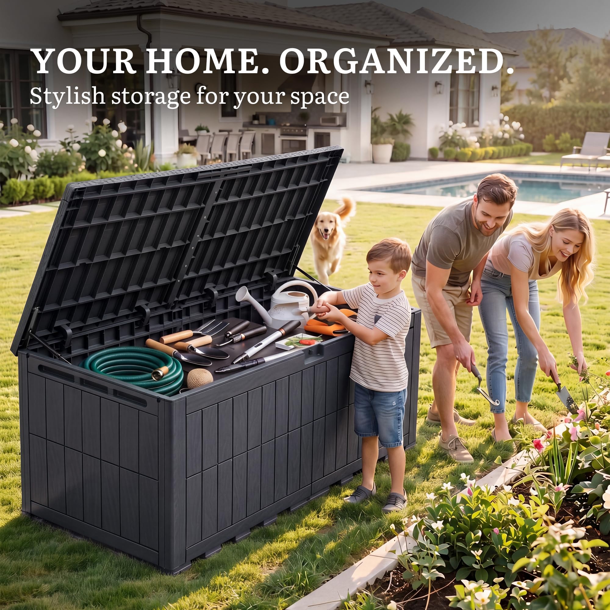 YITAHOME 833L Auflagenbox Wasserdicht, Große Gartenbox mit Schloss & Gasdruckfeder, Kissenbox mit Sitzfunktion bis 300 kg, Wetterfeste Resin Gartentruhe, UV-beständig & Belüftet, Dunkelgrau