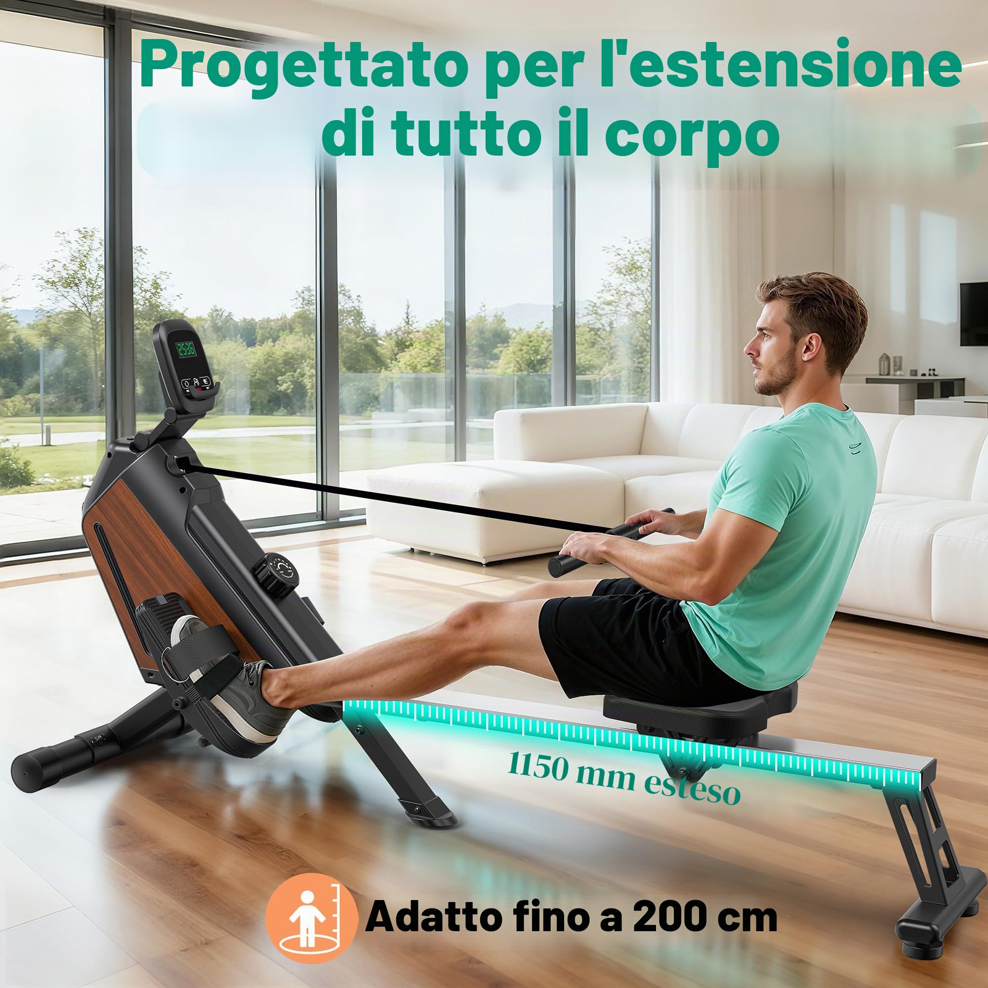 Vogatore per casa, vogatore magnetico, resistenza a 16 livelli, silenzioso, per allenamento cardio, connessione app, portata 160 kg, verticale