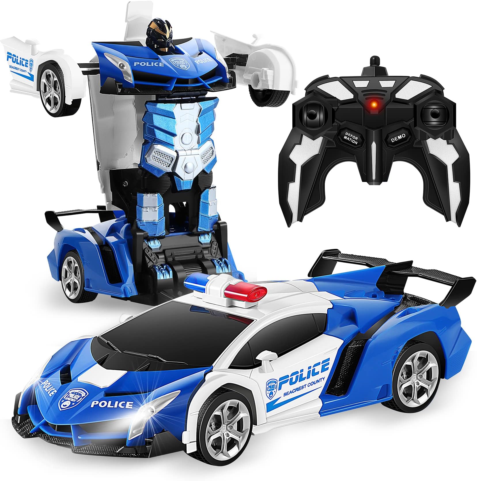 FIGROL Police Transformer Car, 2.4GHz Remote Control Police Car, One-Key Auto Transform, Dual Rechargeable Batteries, 360° Rotation, LED Lights Toy Gift for Boys Girls Ages 3+