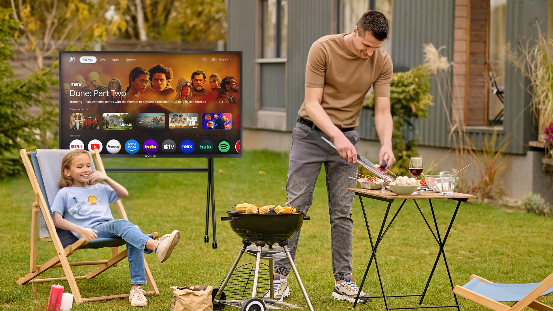 SYLVOX 65" Televisor de Exterior, 2000Nits Legible a la luz del Sol, 4K UHD Google TV, Dolby Atmos, DVB-T2/S2/C HEVC, IP55 Resistente Outdoor TV al Agua para Jardín, Terraza & Piscina (Pool Pro 2.0)