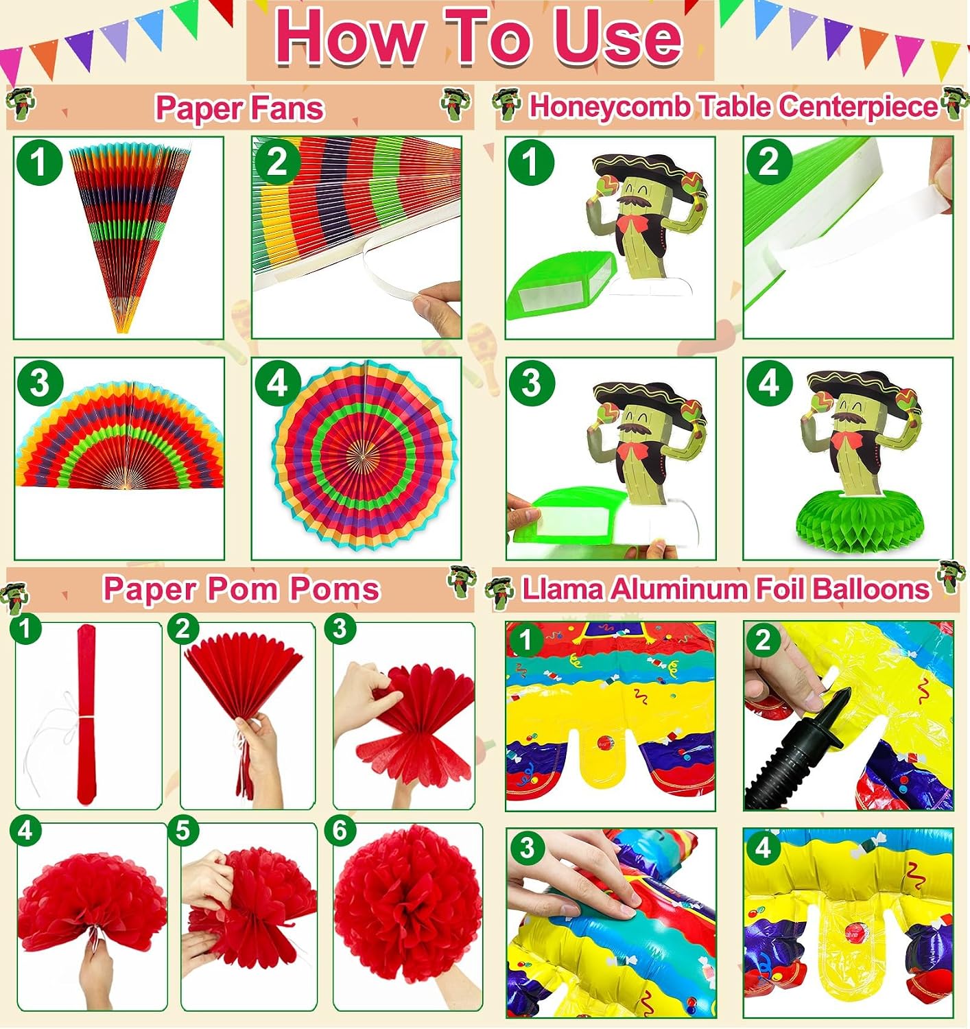 7 Varieties - 33Pcs Cinco De Mayo Fiesta Party Decorations, Mexican Party Supplies, Paper Fans Pom Poms Table Cover Llama Balloons Pennant Papel Picado Banner Honeycomb Mexican Festivals Table Decor