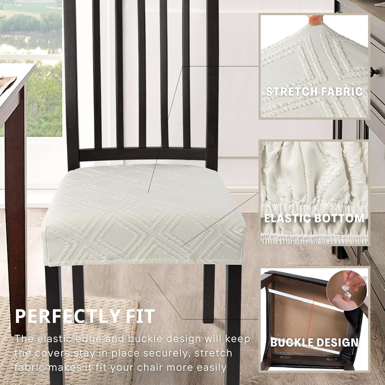 SearchI Waterproof Dining Chair Seat Covers Set of 8, Jacquard Stretch Dining Room Chair Seat Covers (Beige Diamond)