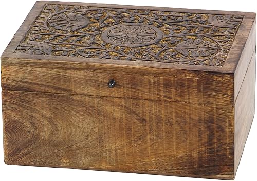 Miniatura 14 de Deco 79 Caja decorativa de madera de mango con diseño floral hecho a mano, cajas de recuerdo decorativas con tapa con bisagras, juego de 3 cajas de