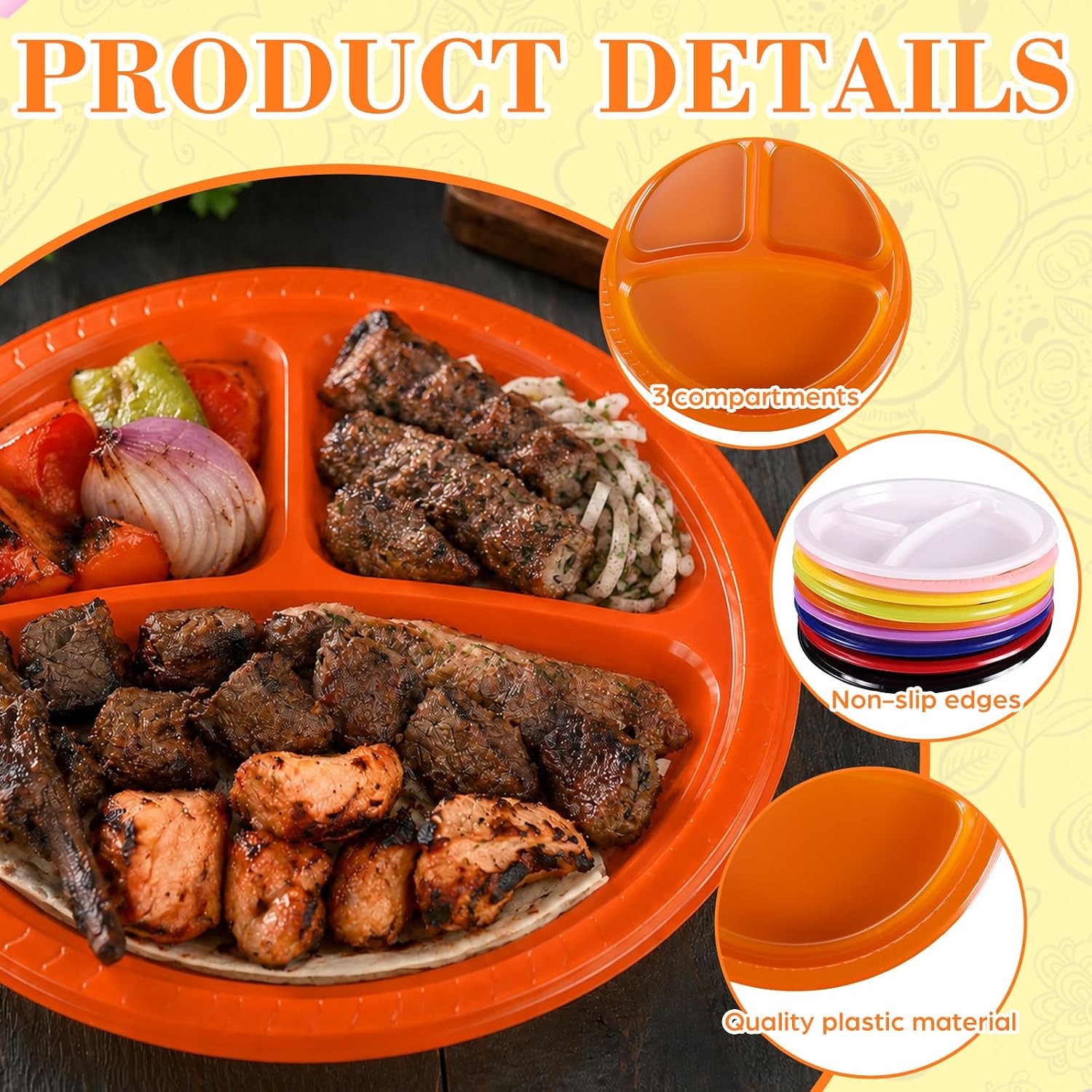 48 Pack Orange Plastic 3 Compartment Divided Plates - 9.8 Inch Sectioned Dinnerware Heavy Disposable Plates Duty Round Dinner Plates for Camping, BBQ, Wedding, Birthday Party Dinnerware (Orange) image 2
