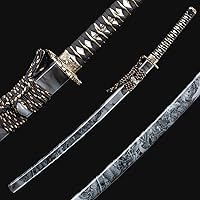 Vista 5 de Katana hecha a mano, espada japonesa de samurái, acero de Damasco, acero T10 de alto contenido de carbono templado en arcilla, espiga completa