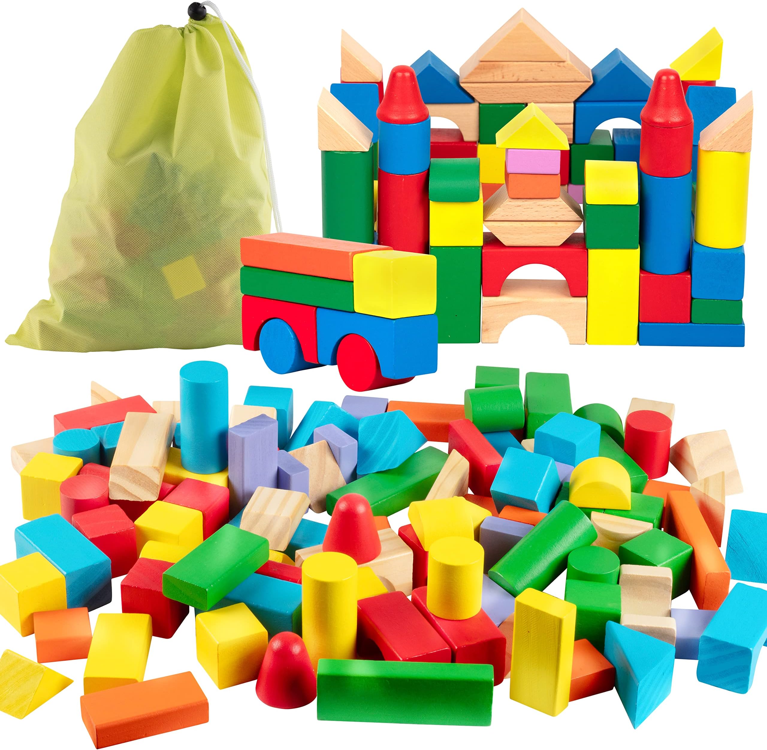 Wooden Blocks - 100 Pc Wood Building Block Set with Container (Rainbow Colored) - 100% Real Wood in 7 Colors and 14 Shapes