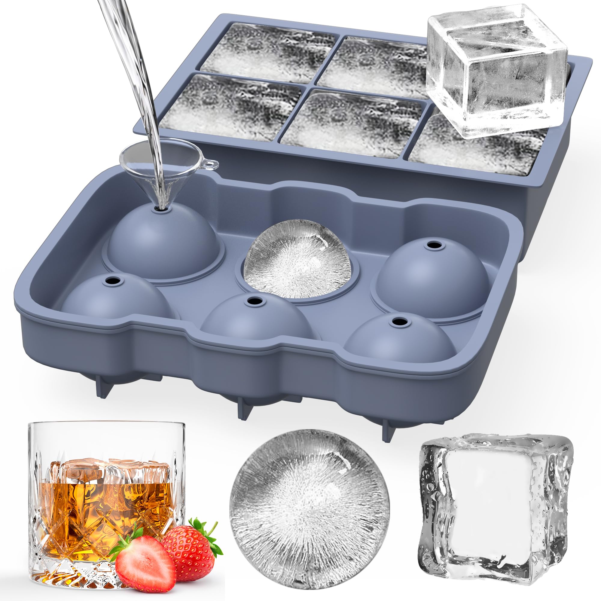 Ice Cube Tray, Pack of 2, 12 Compartments Silicone Ice Cube Tray with Lid, Large Square Ice Cubes 4.8 cm and Round Ice Ball Mould, BPA-Free for Cocktails, Whisky, Wine, Fruit, Fruit Purees, Ice Cream,