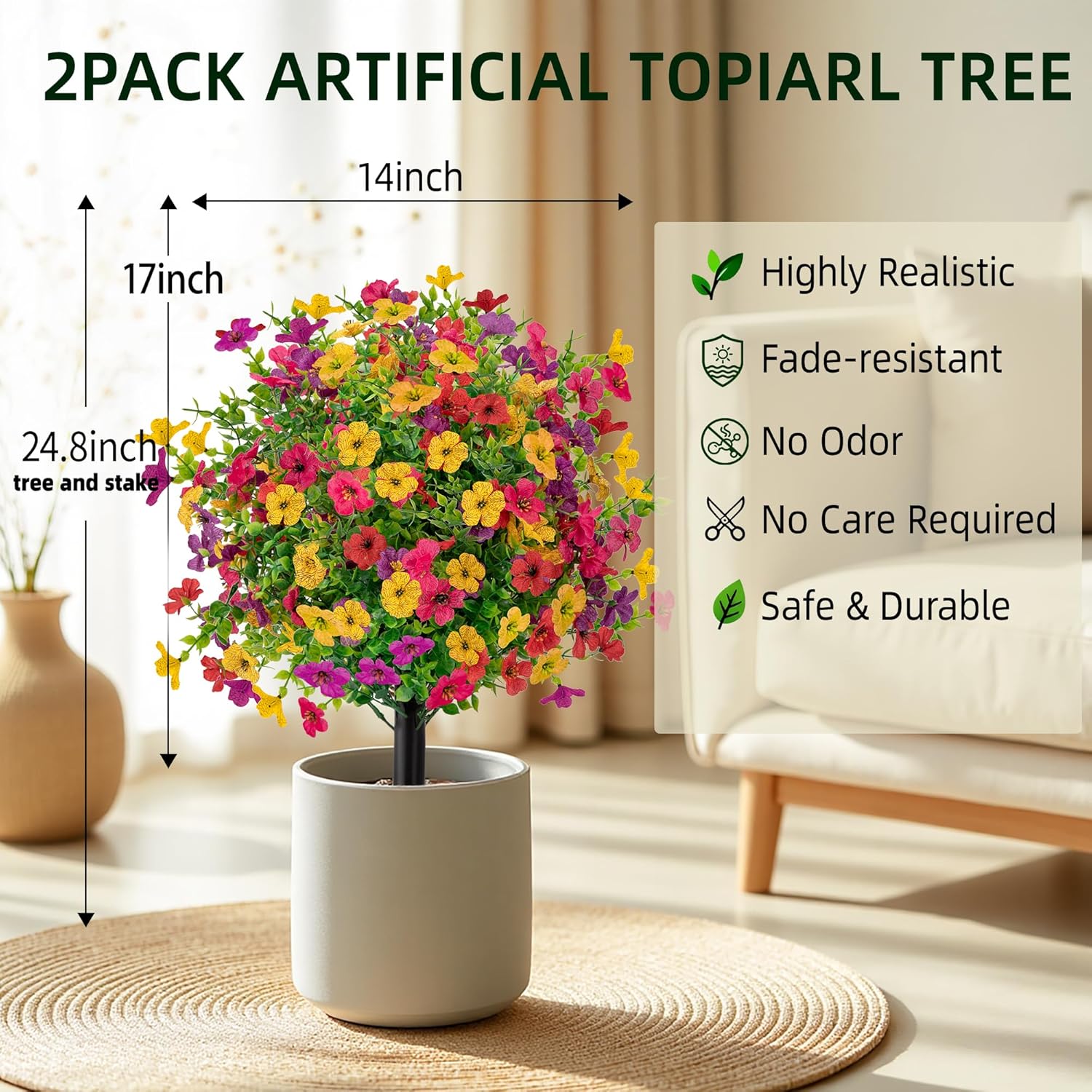 QCQHDU Artificial Flowers Topiary Ball Bush with Colorful Violet for Outdoor,24.8" Fake Trees Plants with Ground Spike,UV Resistant Faux Shrubs for Indoor, Garden, Porch, Patio,Home Decor,2 Pack