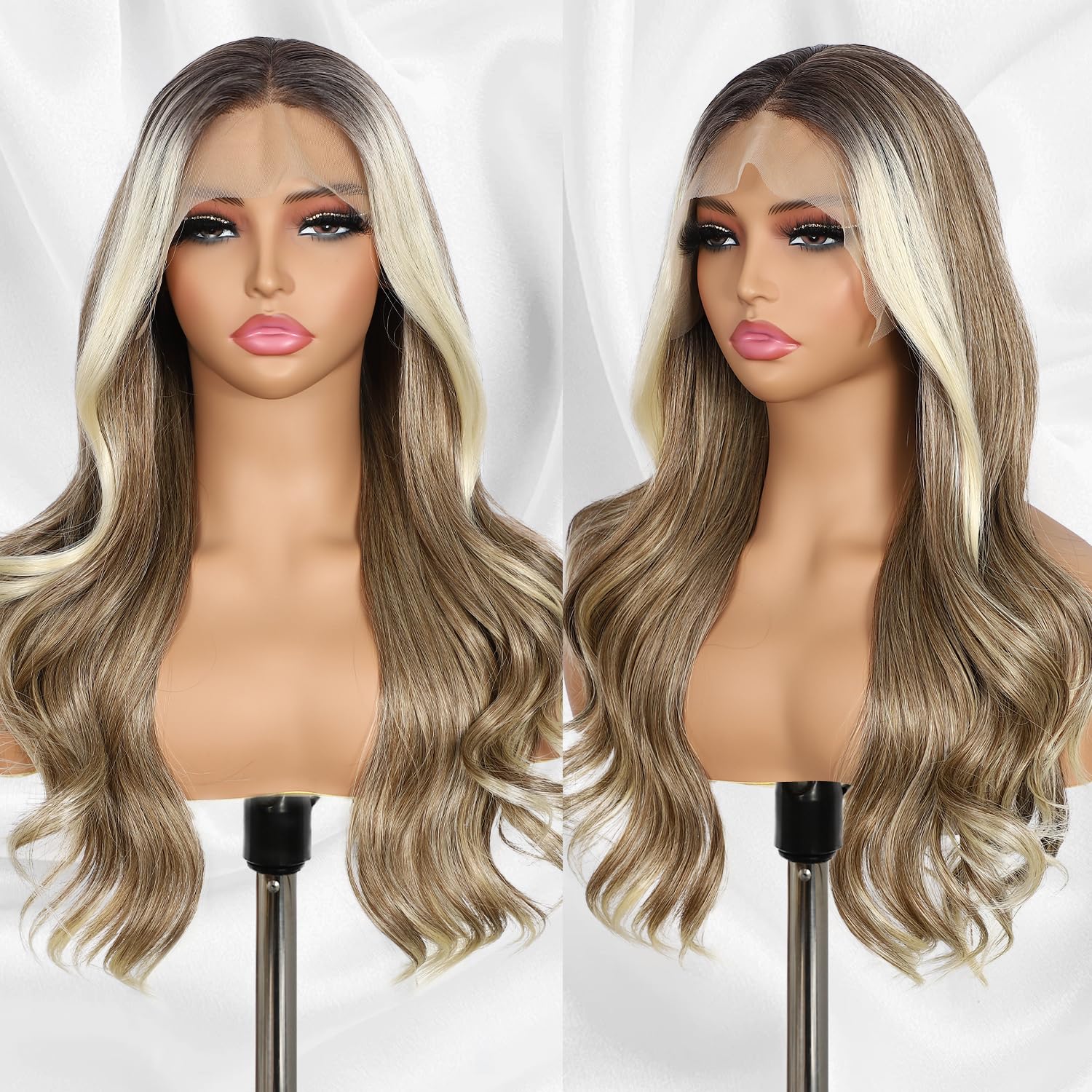 BABEHERS Ash Blonde Lace Front Wig 13x4 Pre Plucked Highlight Body Wave Synthetic Lace Front Wig for Women Heat Resistant Hair 22 Inch Daily Use