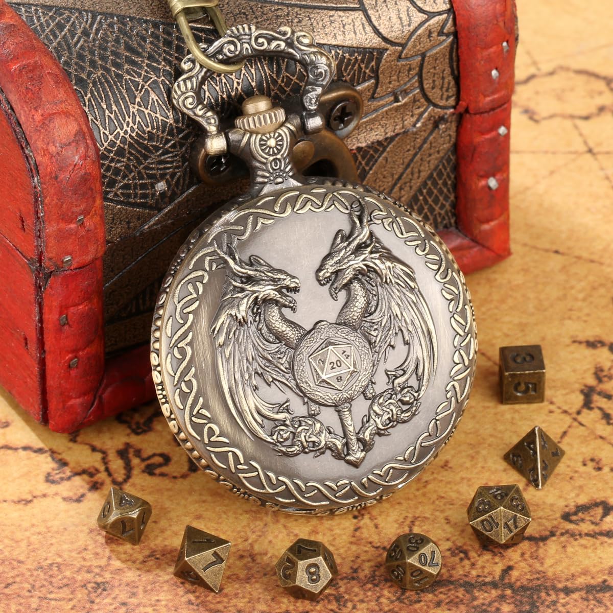 Mini DND Dice Set including Wand and Double Dragon Head Pocket Watch Shell Case, DND Starter Set - Image 2