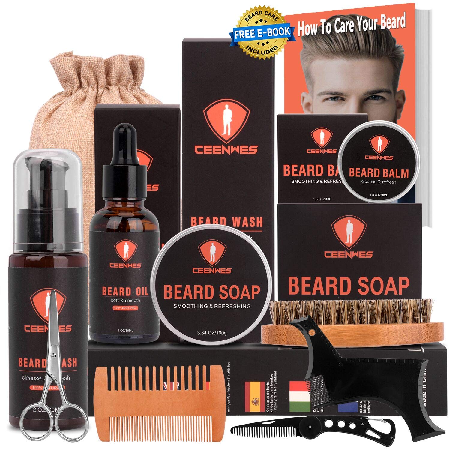 All in one Beard Grooming Kit for Men Care with Beard Soap Beard Oil, Beard Brush, Beard Comb, Beard Balm, Beard Shampoo,Beard Scissors &Storage Bag