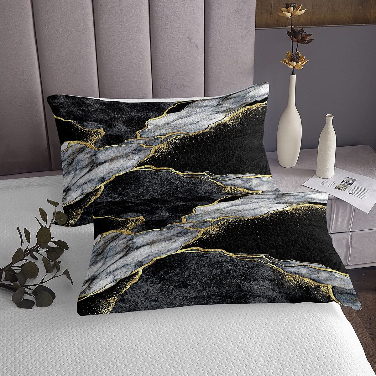 Homemissing Copriletto trapuntato in marmo nero e oro con linee incrinate dorate, set di trapunta con texture in marmo bianco e grigio, set moderno di lusso, trapuntato, 3 pezzi, king size