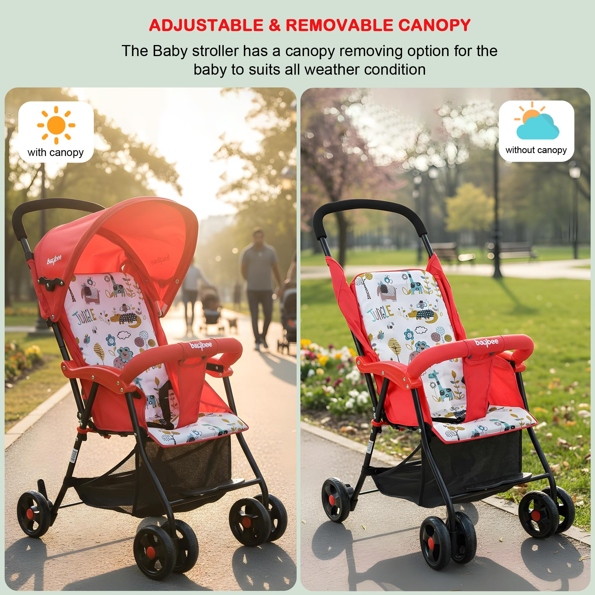 Baybee Stroller for Baby Boy 0 to 5 Years, Adjustable & Removable Canopy, Front Swivel Wheels, Rear Wheel Brakes, 2 Point Safety Belt, One Click Foldable Pram Strollers for Kids (Red) 2