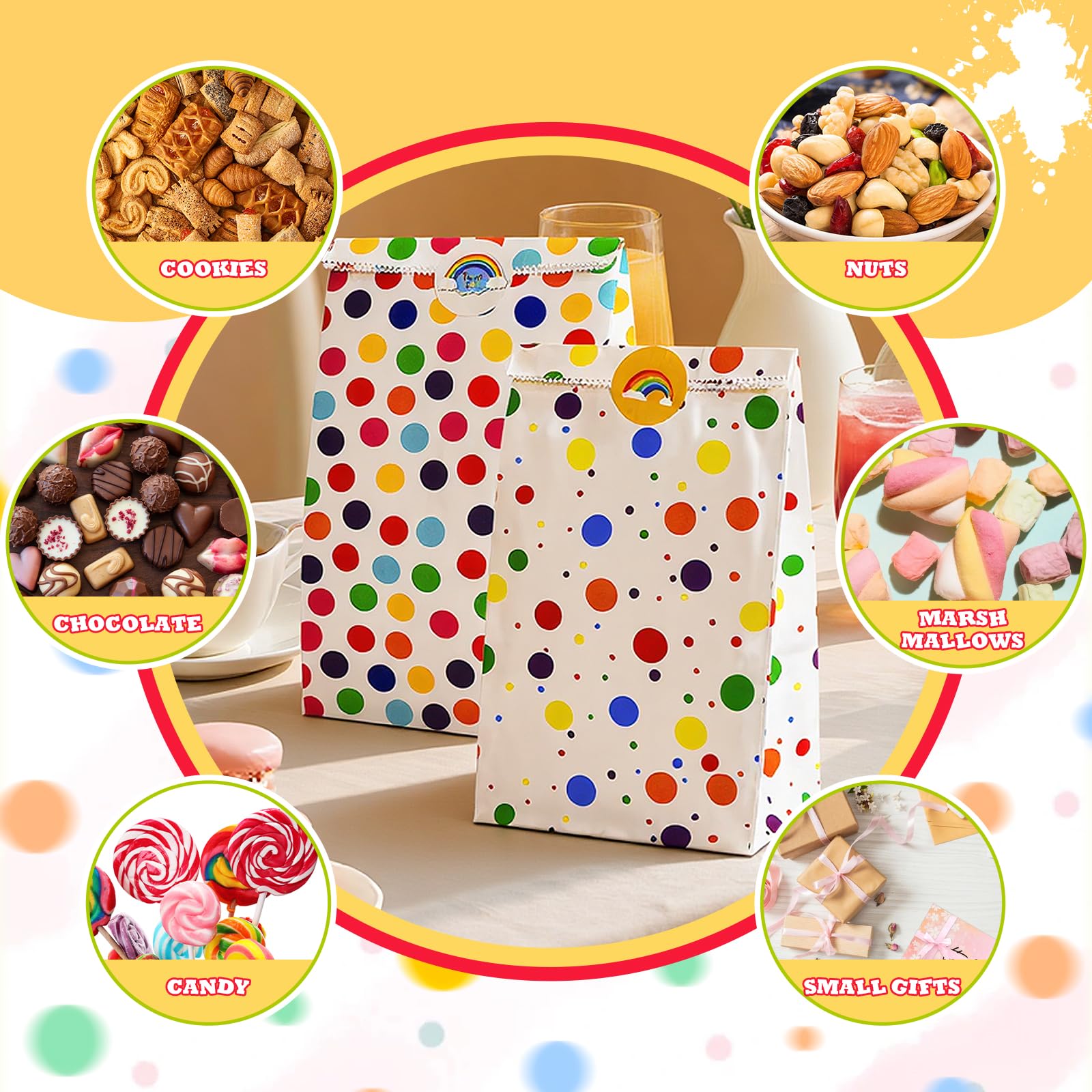 20 sztuk papierowych torebek na prezenty, kolorowa torebka urodzinowa na cukierki | Torebka z papieru Kraft z 36 naklejkami, woreczek na prezent, na przyjęcie weselne urodziny 24 x 13 x 8 cm