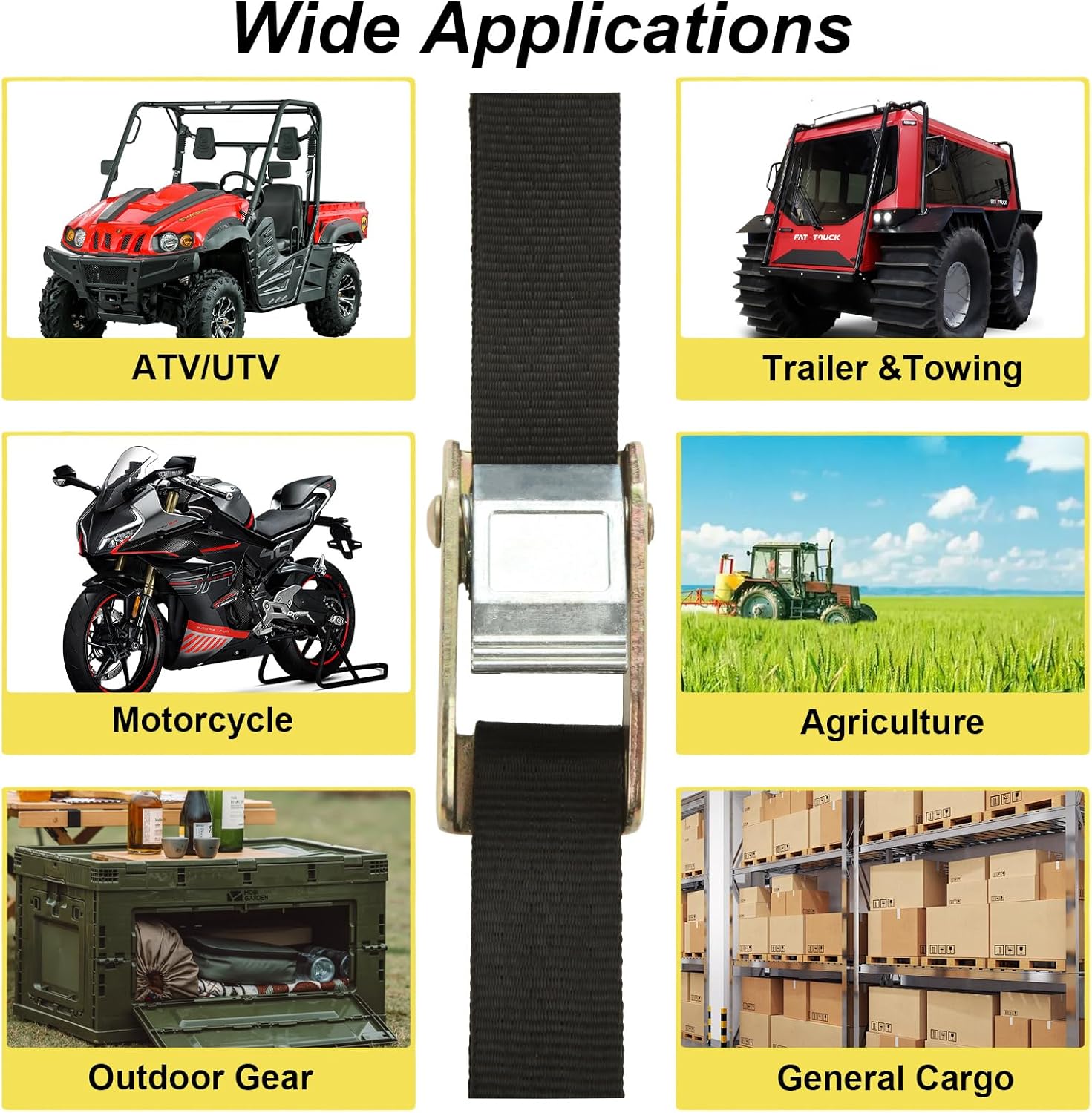 4 Pack Motorcycle Tie Down Straps 1" x 6.6' 1,823lb Break Strength Cam Buckle Tie Down Straps Heavy Duty Soft Loop Ratchet Straps for Dirt Bike, Motor Bike, Kayak, Car, Truck, Cargo - Image 7