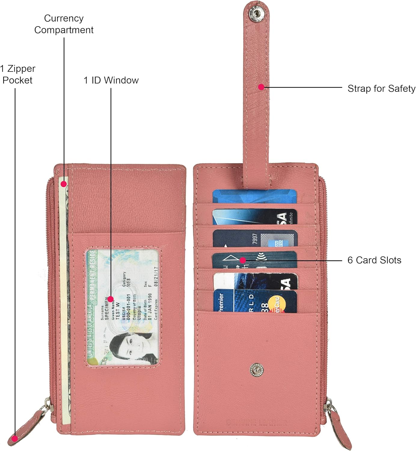 Leatherboss Genuine Leather All in One Card Case Holder Slim Wallet With a Card Protection Strap, Peach - Image 2