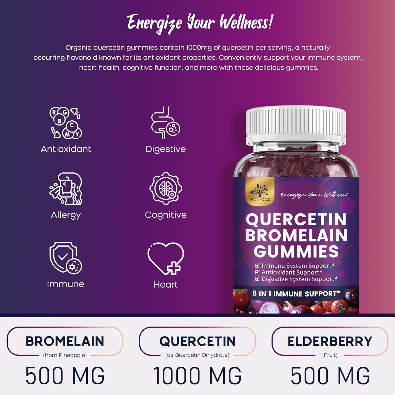 (2 Pack) Quercetin Gummies with Bromelain Zinc Elderberry Vitamin C D3 K2, Quercetin 1000mg Supplement with Bromelain 500mg for Cardiovascular, Immune System & Allergy, Vegan Gummy for Adult & Kid - Image 2