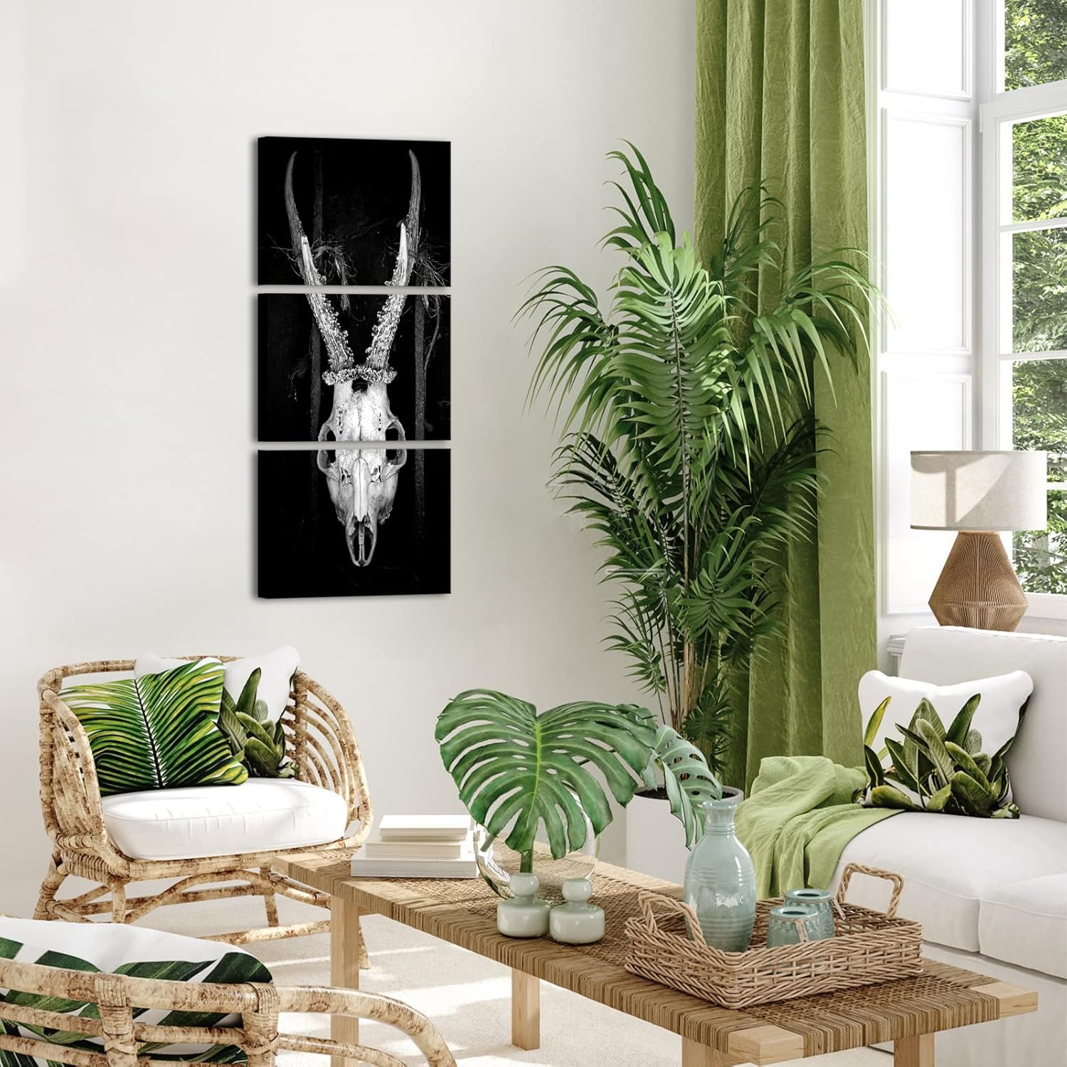 Fochorlo Western Gothic Wall Art 3 Pieces Goat Skull Wall Decor Canvas Black and White Goat Picture Prints Rustic Halloween Horror Weird Decoration for Kitchen Living Room 12"x16"x3