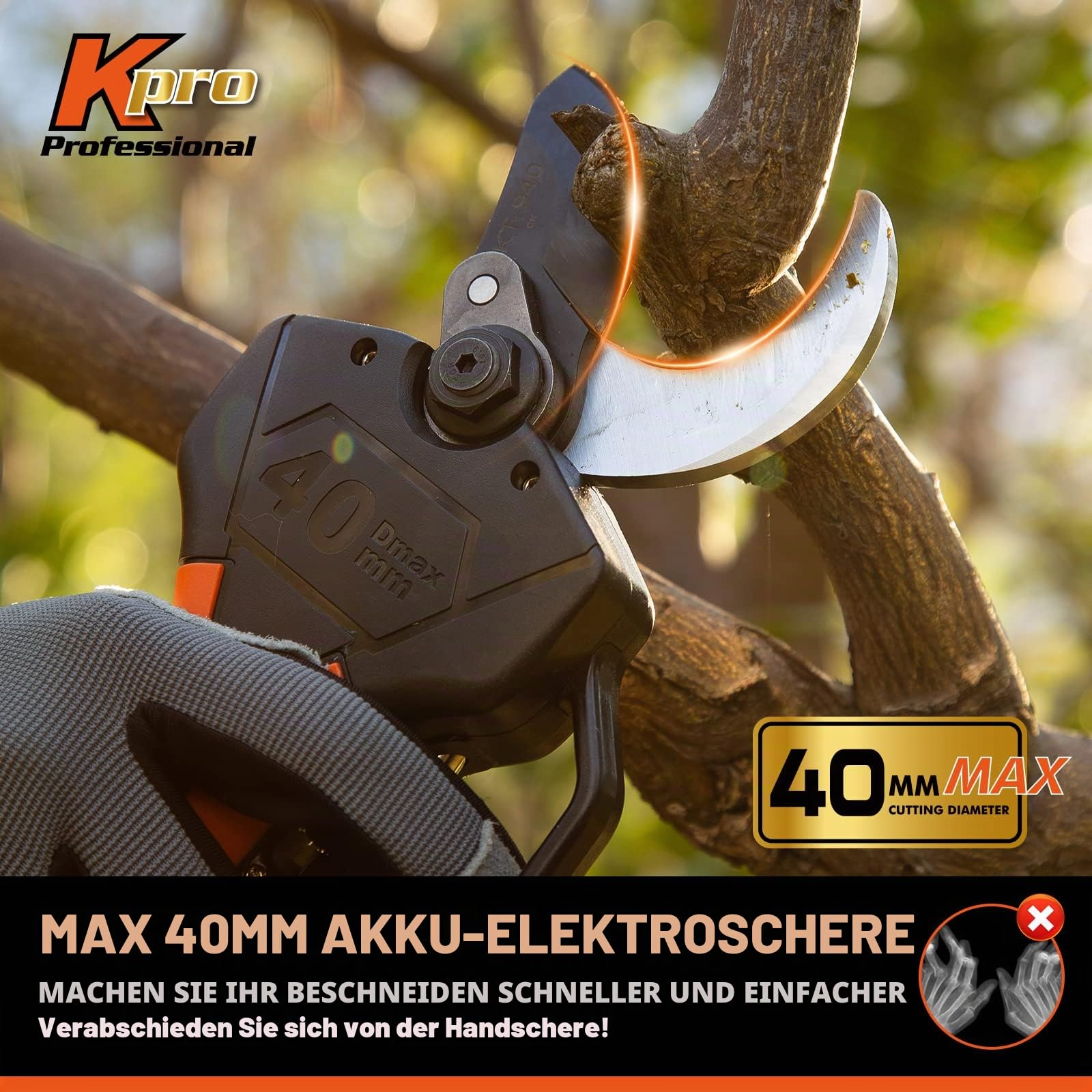 Kebtek Elektrische Gartenschere, 40 mm Schnurlose Gartenschere mit Verlängerungsstange 21V Bürstenloser Motor 2 Ah Wiederaufladbarer Akku, LCD-Display