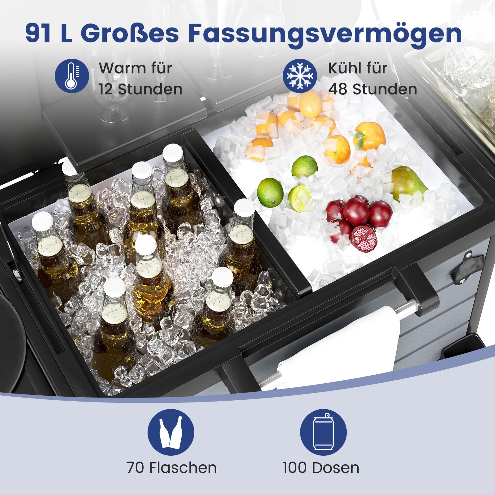 COSTWAY Kühlwagen, Getränkewagen mit 2 Seitenablagen, Flaschenöffner, unterer Ablage, Handtuchhalter, Mützenfänger, Servierwagen, Beistellwagen, Kühlbox, Getränkekühler, Eiswagen für Party, BBQ