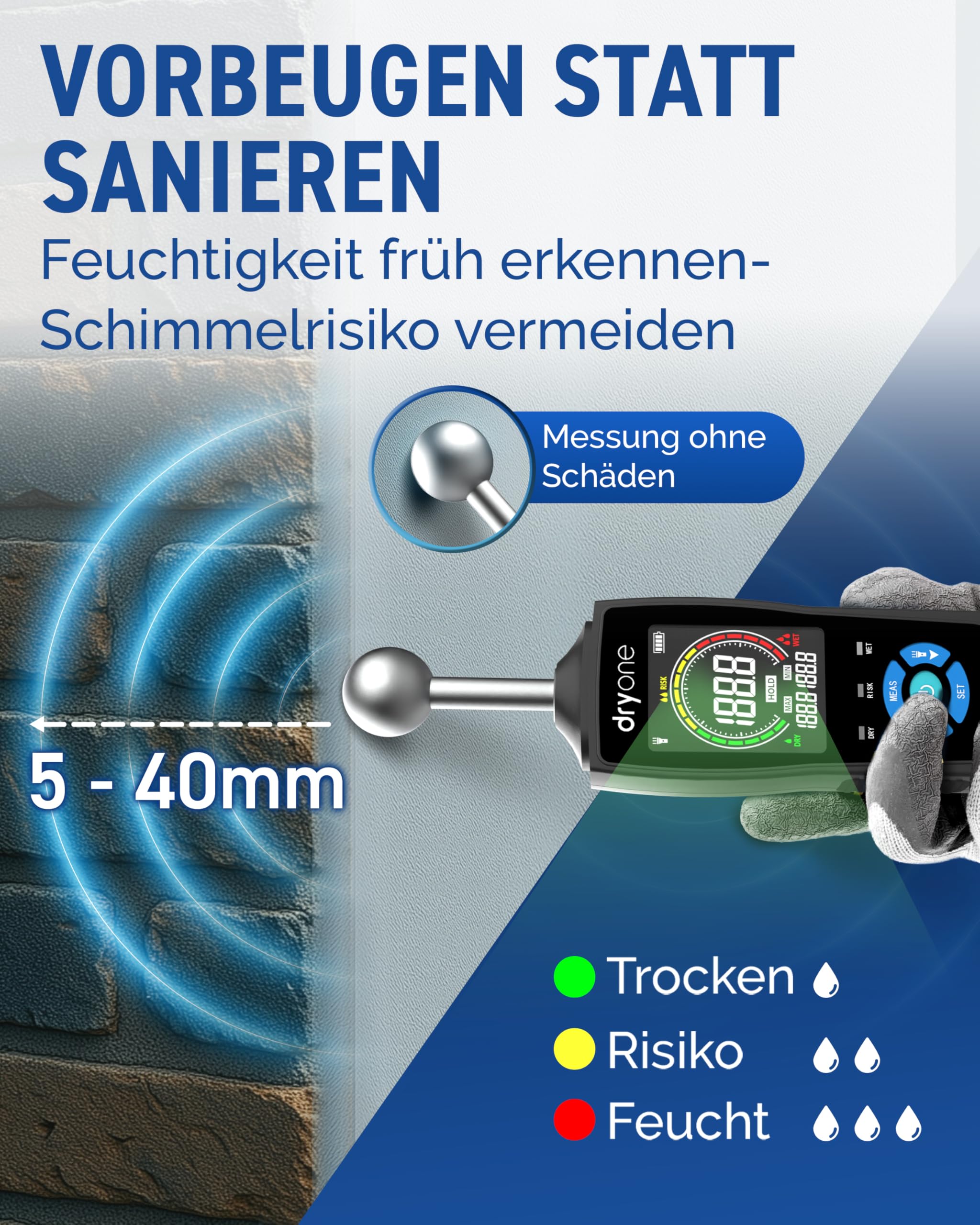 DryOne® DetectX Feuchtigkeitsmessgerät für Wand, Holz, Mauerwerk, Estrich & Beton - verlässliche Messung & einfache Bedienung - Feuchtigkeitsmesser & Wandfeuchtemessgerät gegen Schimmel & Schäden