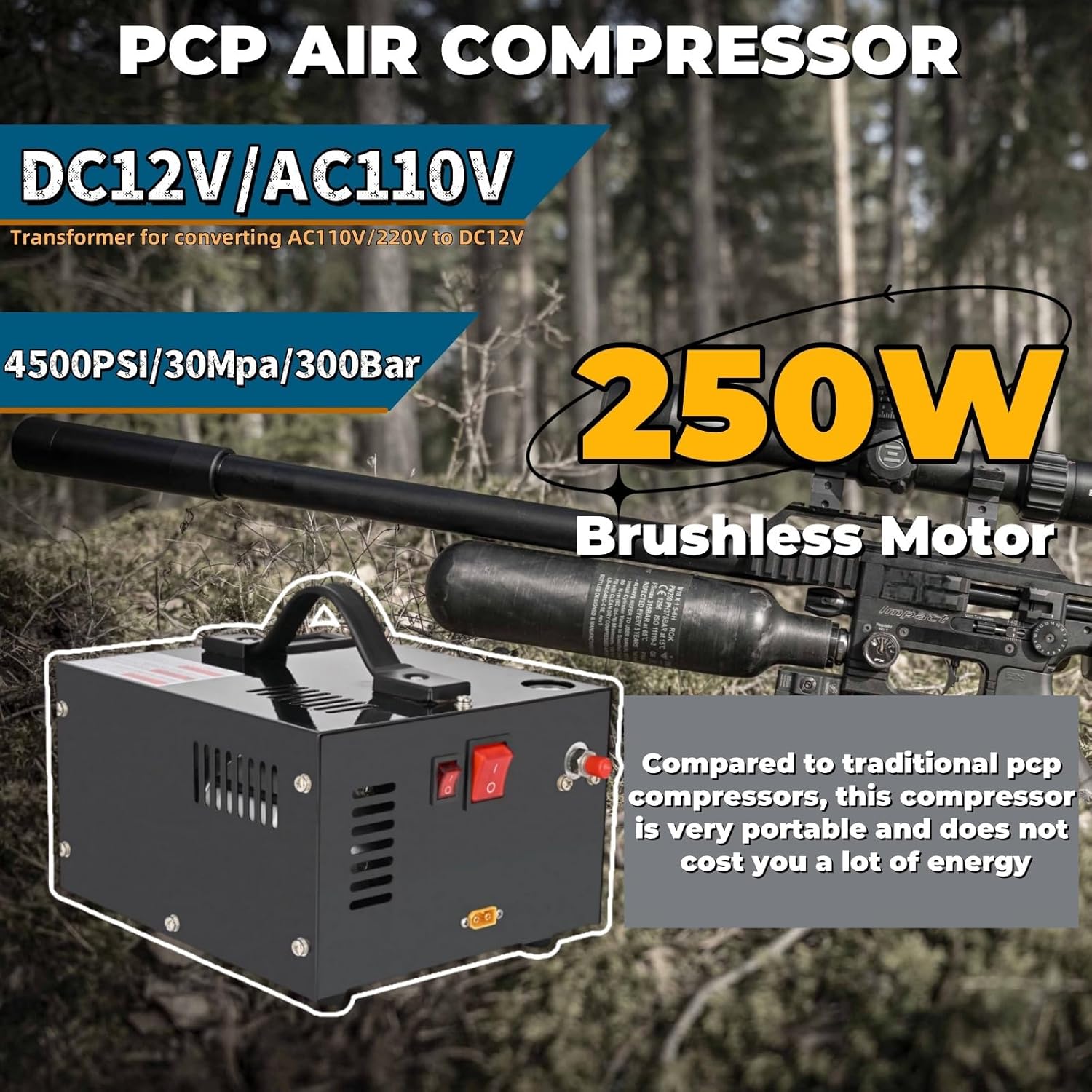 4500PSI Portable PCP Air Compressor, 12V DC/110V AC, Fast Inflation for Paintball, Air Rifle, Scuba Tank, Built-in Fan, Oil Free, Lightweight & Easy to Carry, Black Mixizap