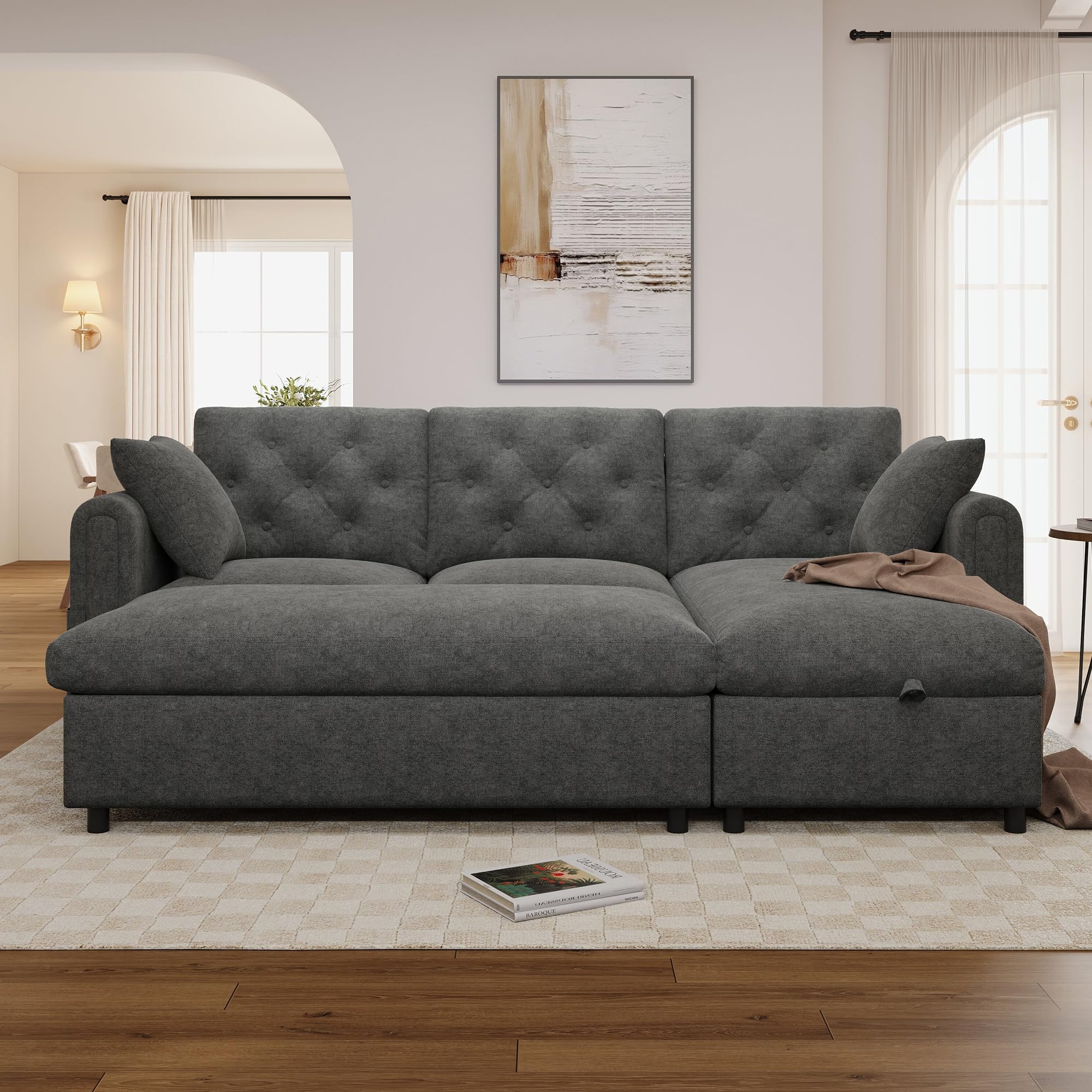 Merax Ecksofa mit Flexibler Ottomane & Hocker, Modulares L-Form Sofa mit 2 Bettkästen, beidseitig montierbar, Schlafsofa mit Seitentaschen & Knopfheftung, 3-Sitzer Couch, 219cm, Grau