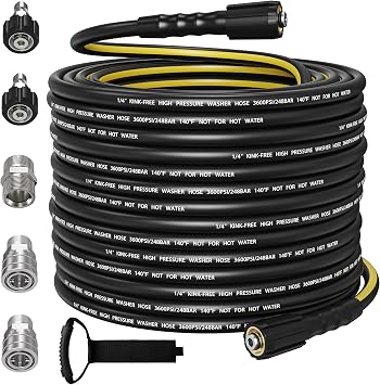SITIMIMIL Flexible 50FT Pressure Washer Hose 1/4" 3600 PSI Kink-Free Replacement Hose with Quick Connect Kit - M22-14mm & 3/8" Fittings for Gas/Electric Pressure Washers