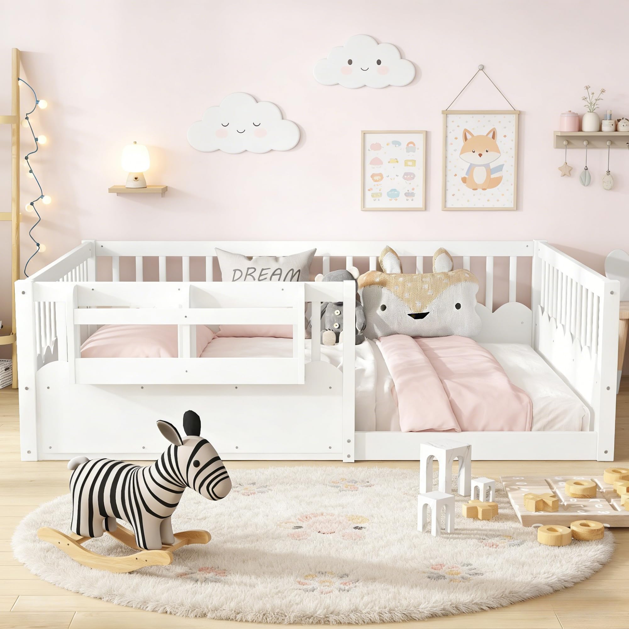 Full Size Floor Bed with Bookshelves, Wood Kids Floor Bed with Upgraded Guardrails and Slats, Montessori Floor Bed Frame for Kids, Boys, Girls, Childlike and No Spring Box Needed Design, White