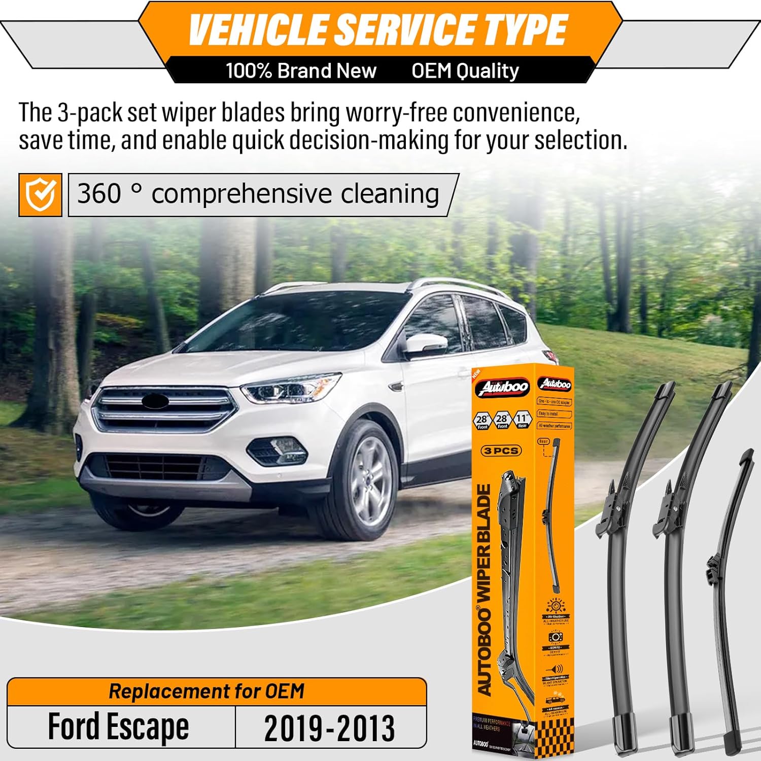 autoboo 28"+28" windshield wipers with 11" rear wiper blade replacement for ford escape 2013-2019 -original factory quality (pack of 3) 28+28+11