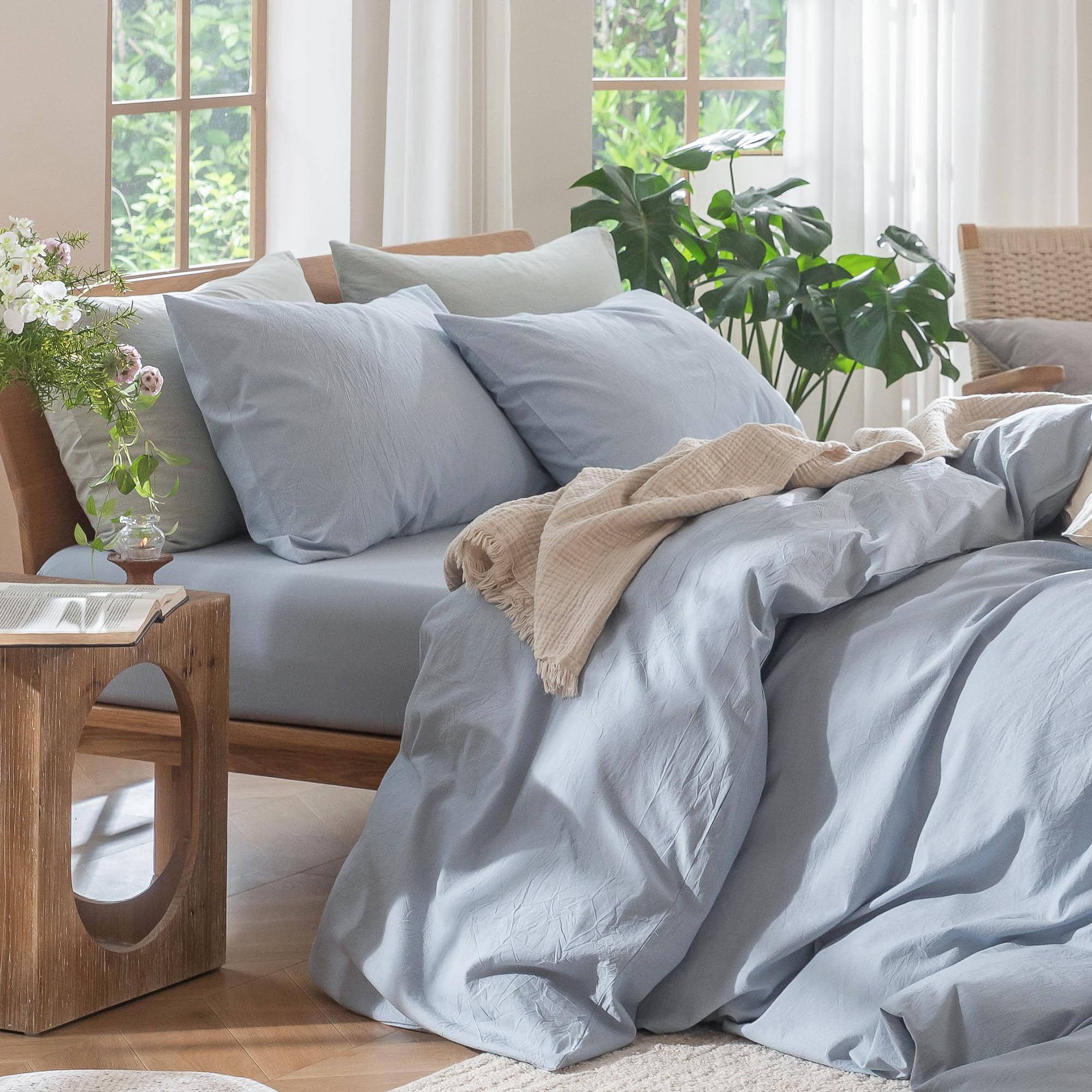 MooMee Bedding Duvet Cover Set 100% Washed Cotton Linen Like Textured Breathable Durable Soft Comfy (Tannish Linen Grey, King) — view 204